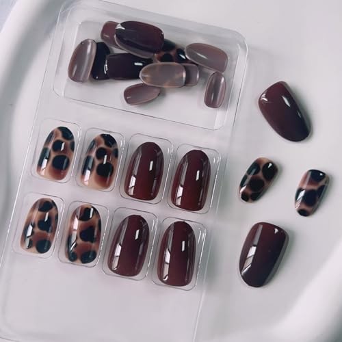 Brown Press On Nails Medium Almond Shape Leopard Fake Nails with style20
