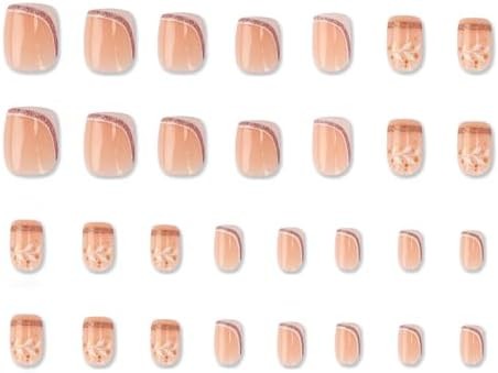 French Press On Nails Short Square, Nude Fake Nails with White French Tip and Mi