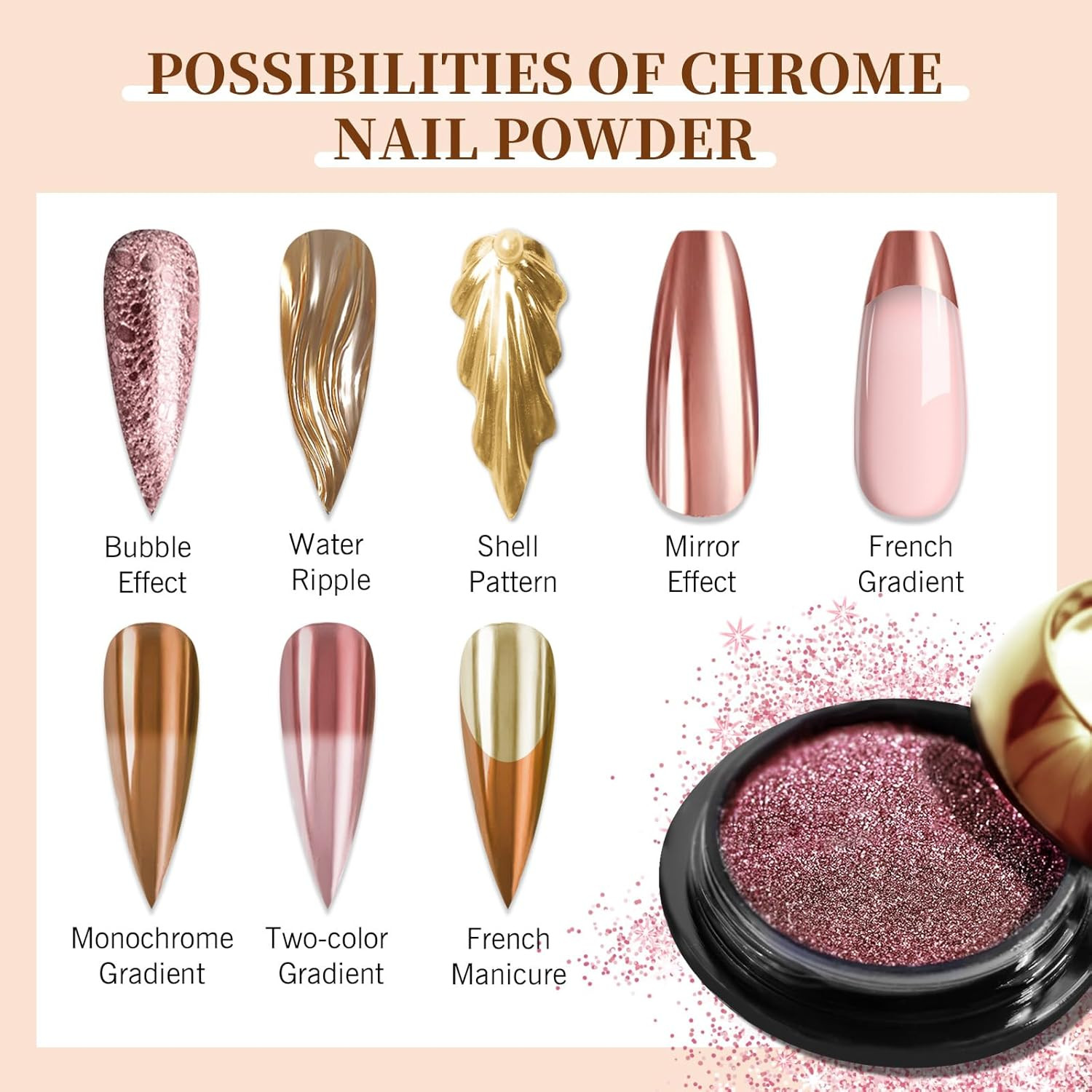 Saviland Chrome Nail Powder Set – 6 Colors Metallic Gold B-Gold