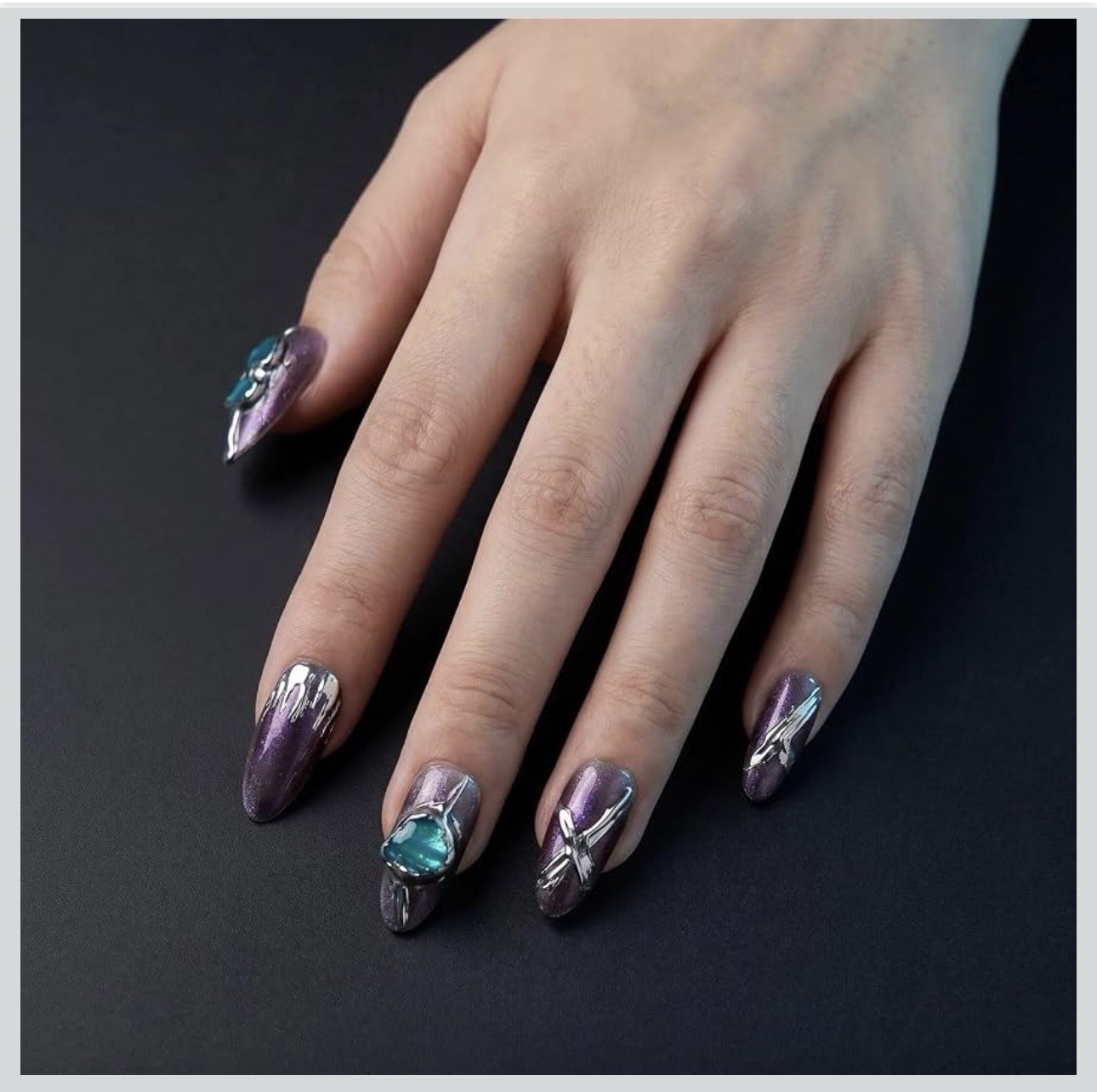 Handmade Purple Chrome Press On Nails Medium Almond Teal Gems 10Pc Reusable