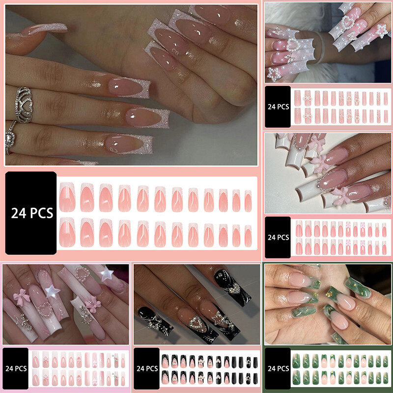 Wearable Fake Nails Bling 24Pcs Designs Medium Long Coffin Decor False Nails