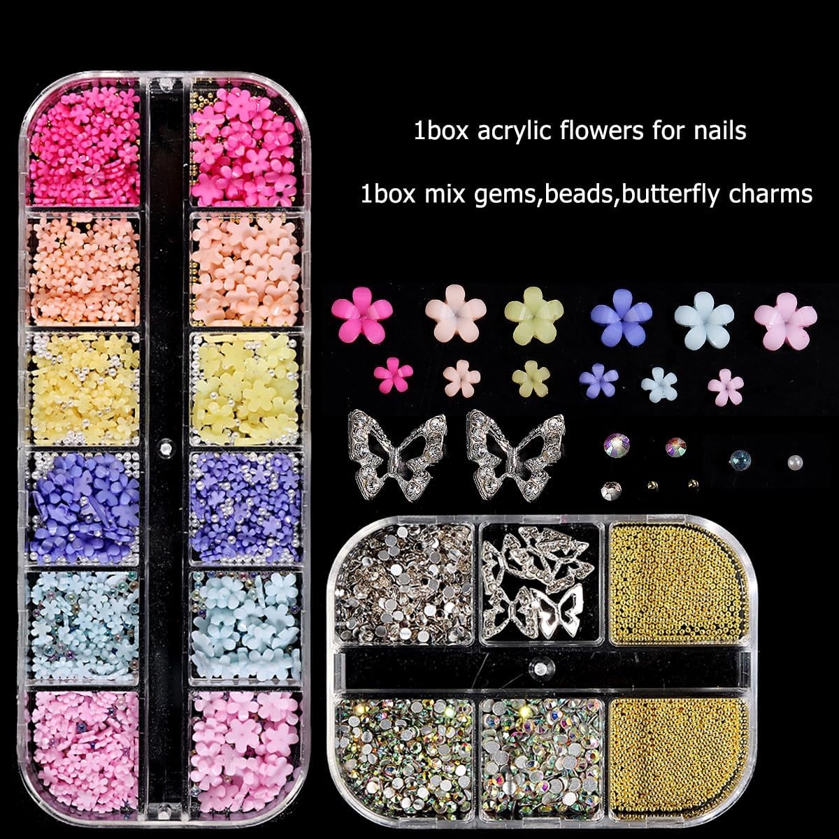 3D Flower Nail Charms Kit: Pink Acrylic, Gold Beads, AB Gems for Crafts