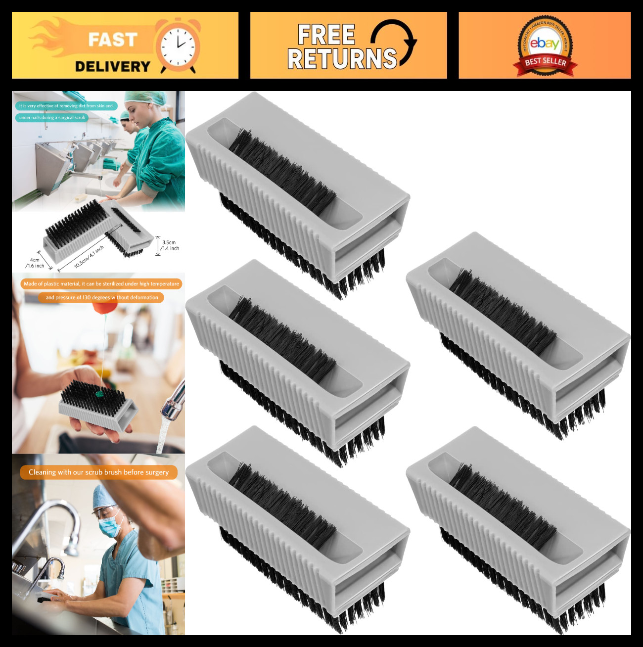 5 Pack Nail Brushes for Cleaning Fingernails & Hands – Heavy Duty Plastic Scrubb