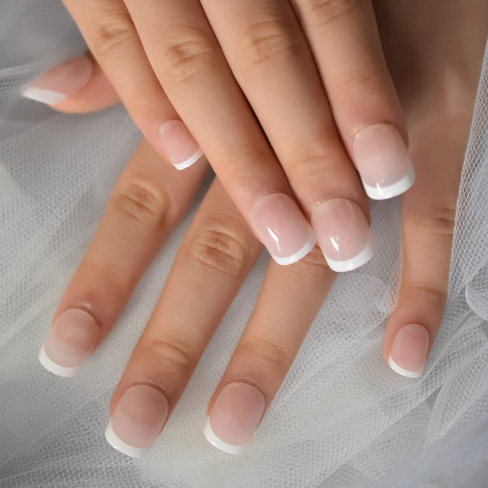 120pcs Child Fake Nails Nude French Natural White Tips Short Round Press On N…