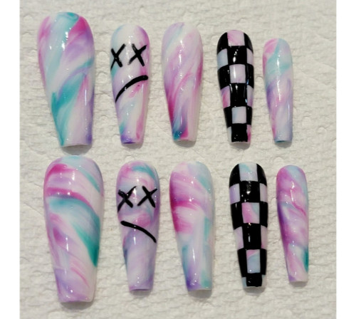 Handmade 90s y2k tye dye rainbow watercolor checker smiley face Press on nails