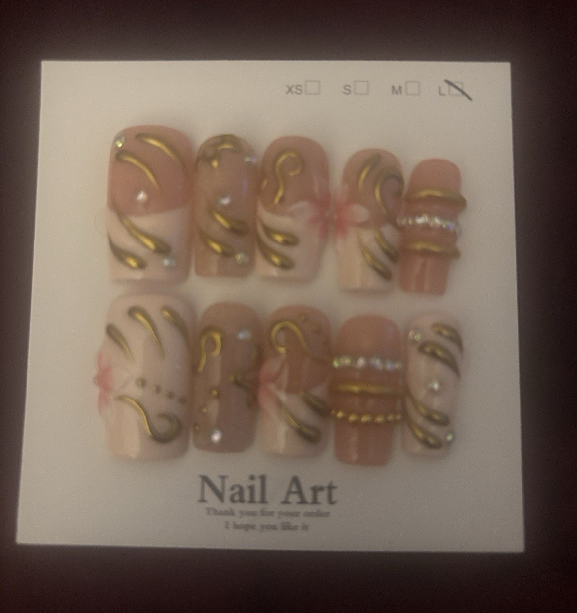 Press-On Nails Set Pink/Gold 3D Floral Pre-Designed Medium Square Full Cover