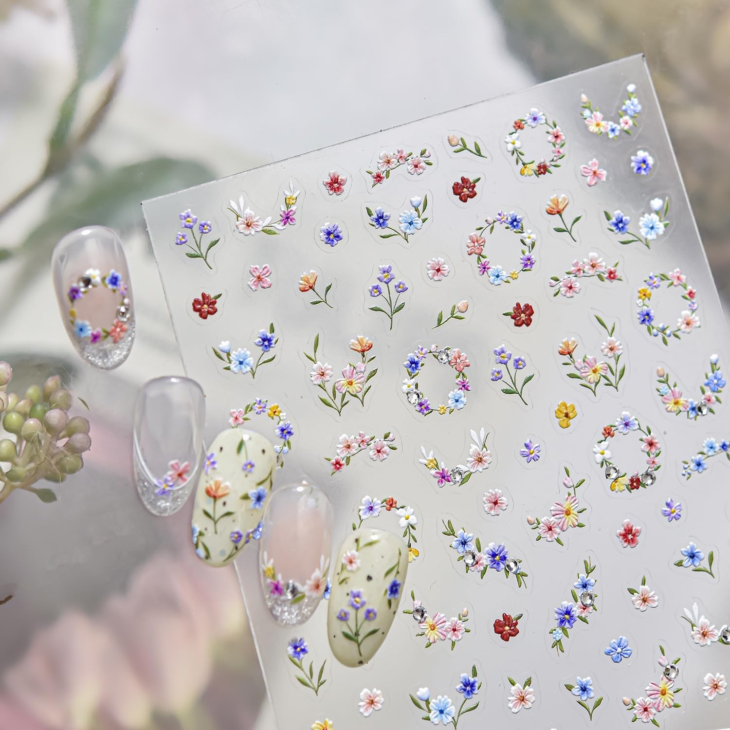 Flower Nail Stickers Pink Blue Nail Decals 1PCS -Adhesive Cute Floral Ring Na…