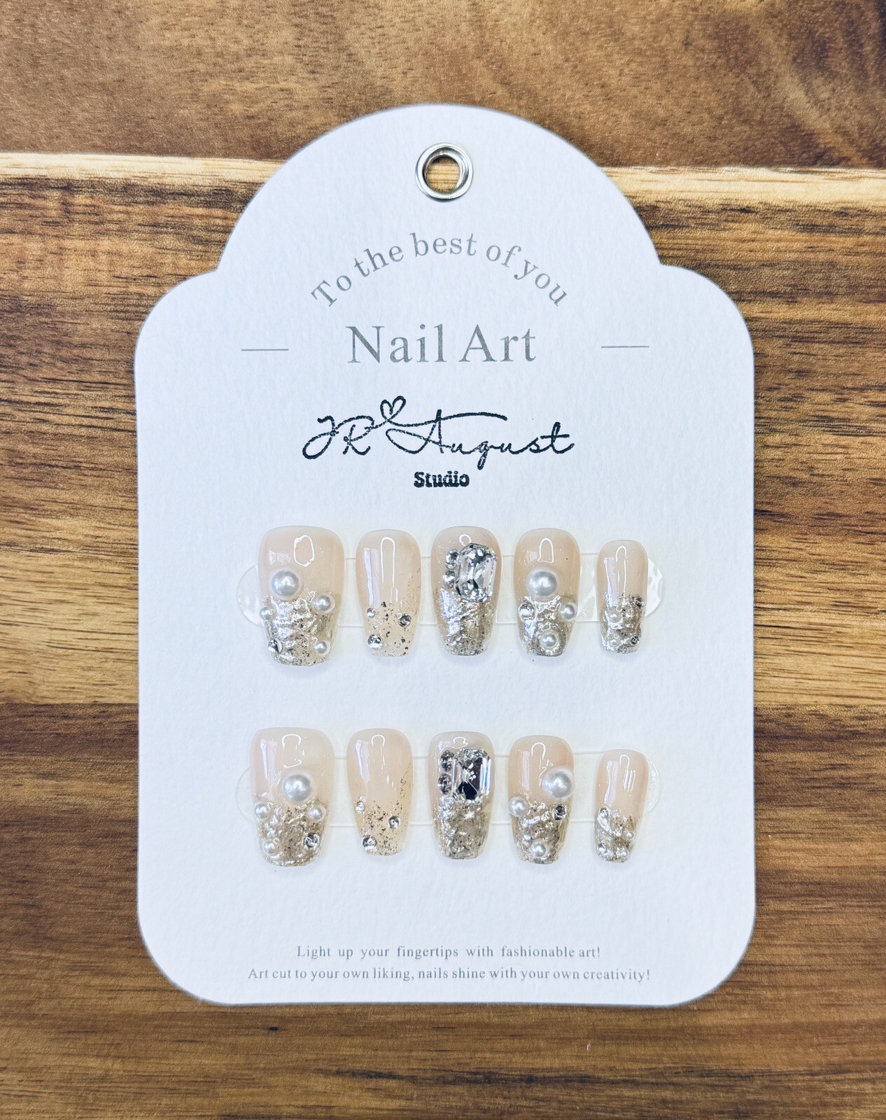 Press On Nails Handmade Champagne Pearl Rhinestone Flashing Medium Coffin S M L