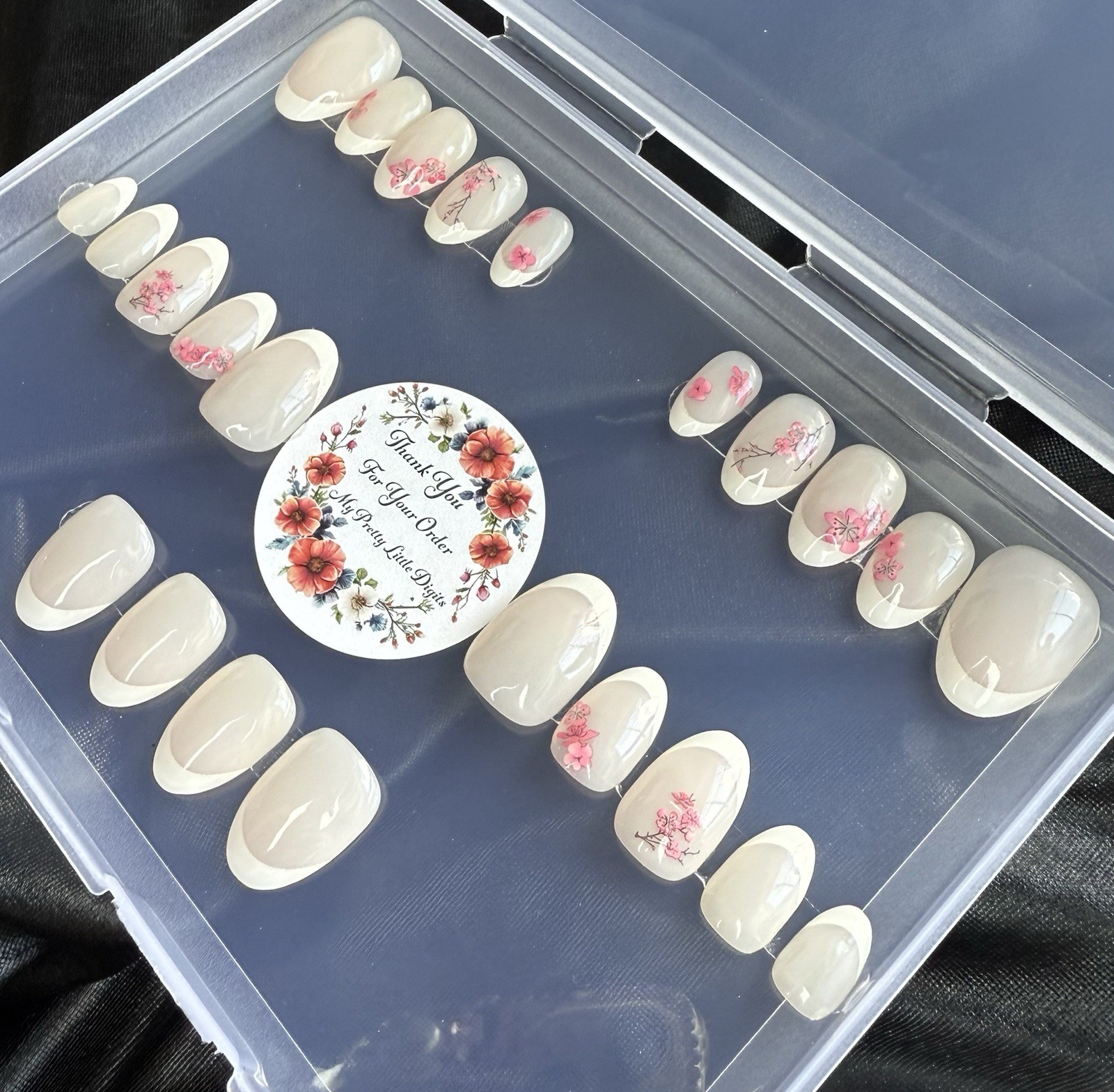 Handmade Press On Nails, Classy French w/Cherry Blossoms~Including Free Gifts💝