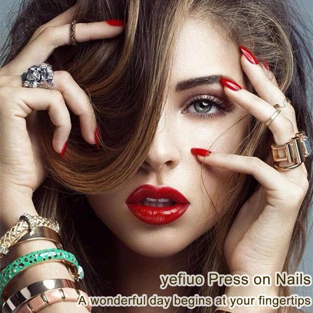 Yefiuo Medium Almond Press on Nails Flower Acrylic Fake Nails Press Ons Pink Fre