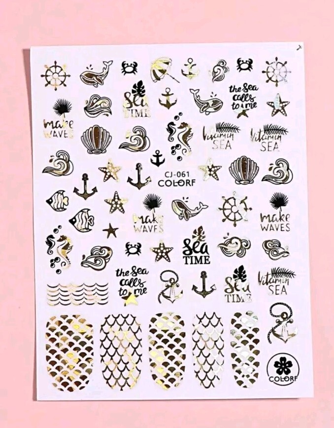 Beach Gold Nail Art Transfer Stickers Anchors Shells Mermaid Scales Whales Waves