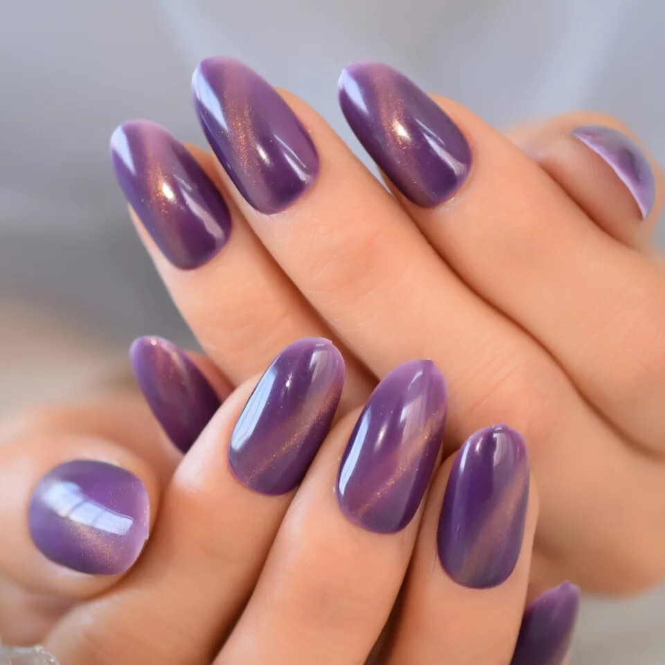 24 Medium Press on Nails kit glue on purple galaxy cat eye magnet grape almond