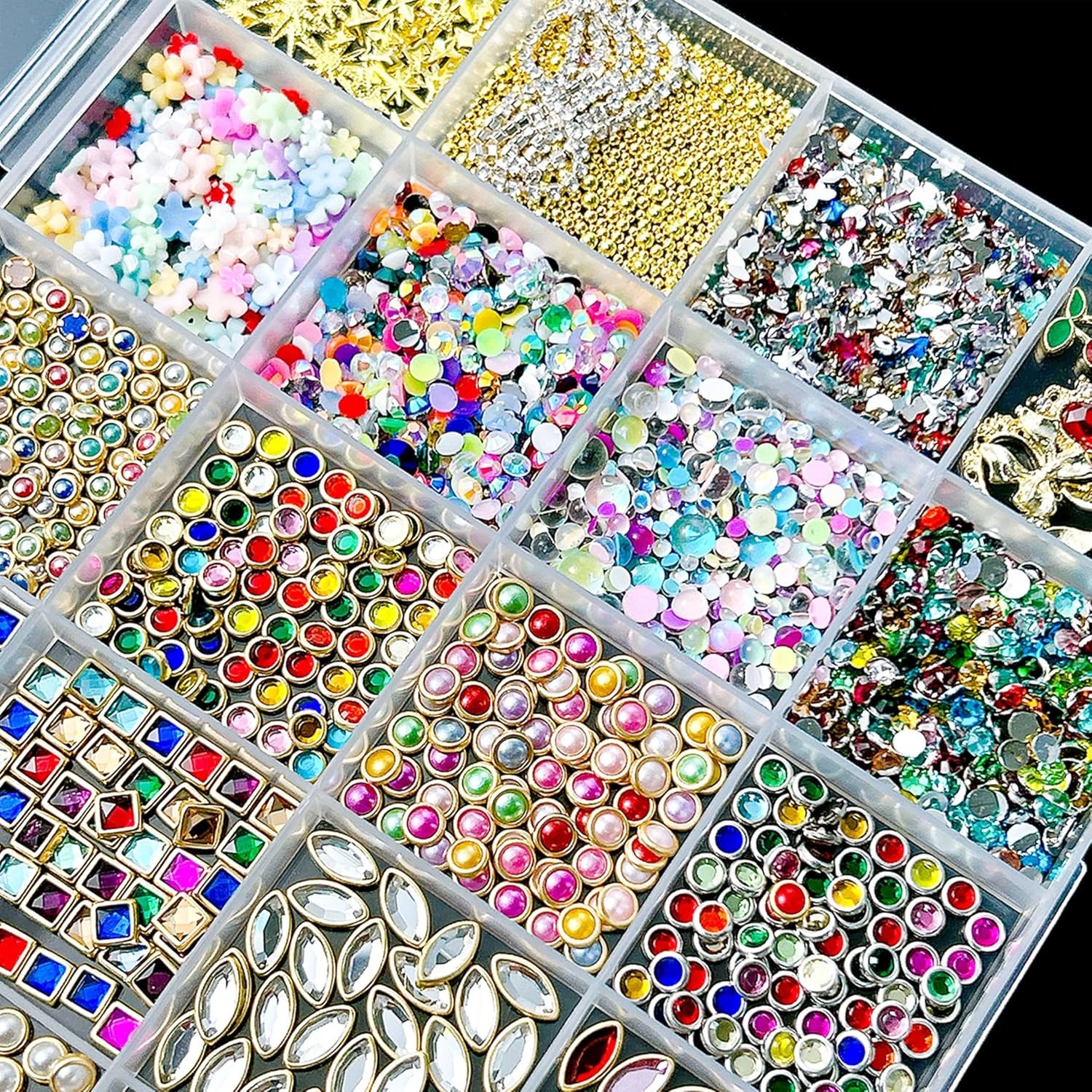 3D Nail Charms & Gems Kit: Vintage Pendants, Rhinestones, Pearls, 24 Grids