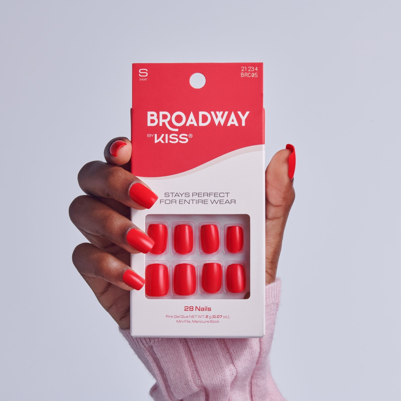 Broadway by Color Press on Nails, ‘Truthful’, Red, Short Squoval, 28 Count