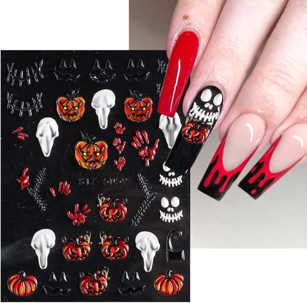 Halloween Nail Art Stickers, 5D Embossed Halloween Nail Decals Skull Ghost Pumpk