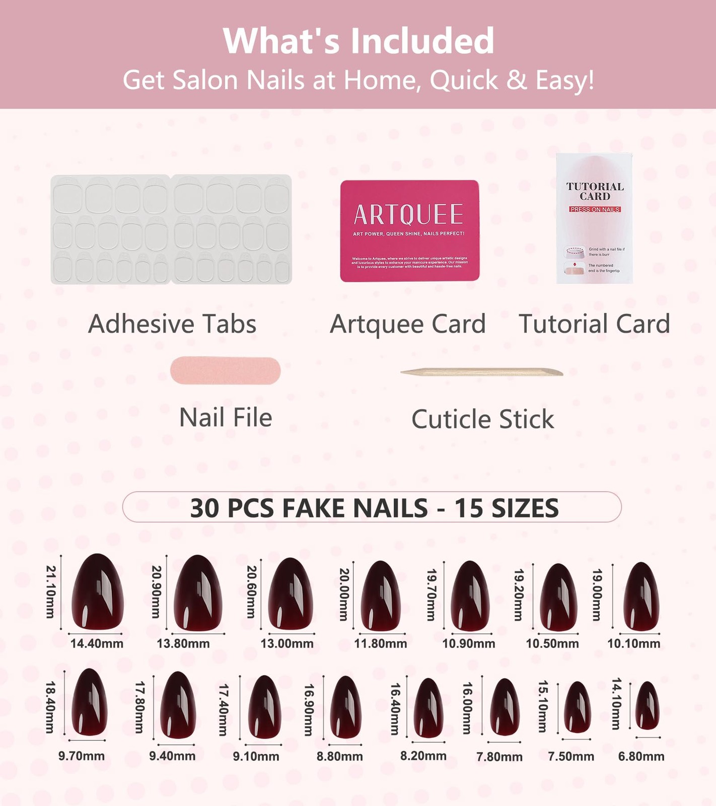Press on Nails Short Burgundy Almond False Tips Glossy Reusable Fake Stick on…