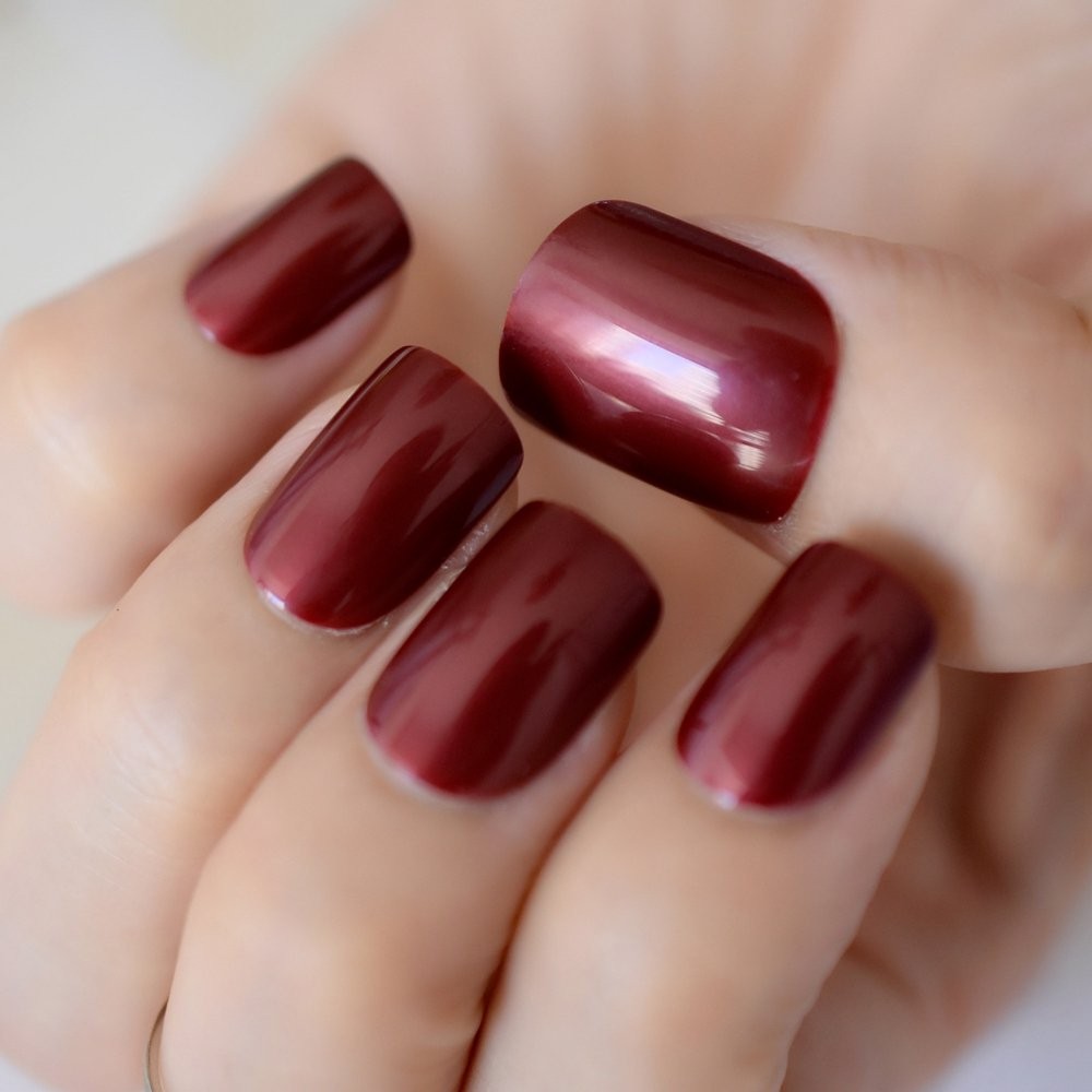Short Press on Nails Square Wine Red Fake Nails Petite