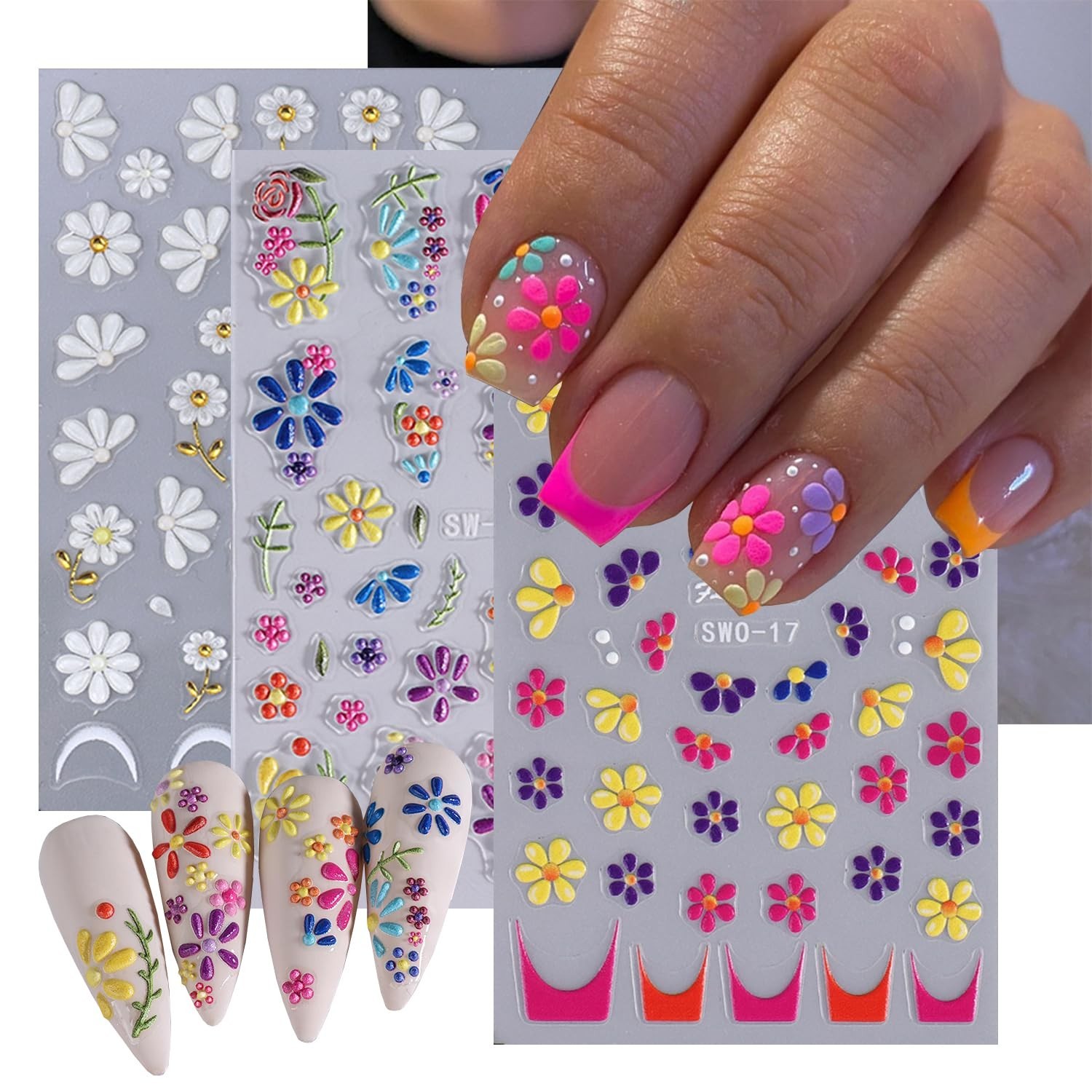 5D Embossed Flower Nail Art Stickers Self Adhesive Nail Decals Colorful Flowe…