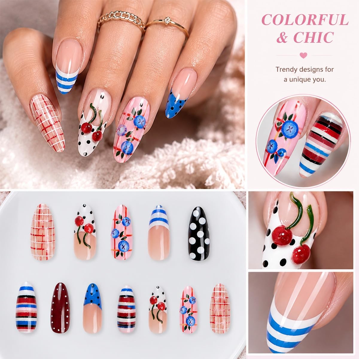 24Pcs Summer Press on Nails Medium Almond Fake Nails with 3D Cherry Blueberry…