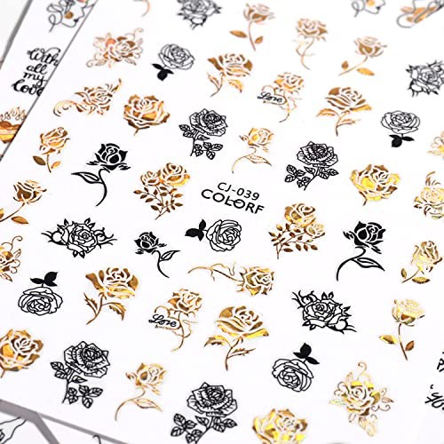 Gold Flowers Nail Art Stickers, Holographic Rose Floral Leaf Love Gold Floral