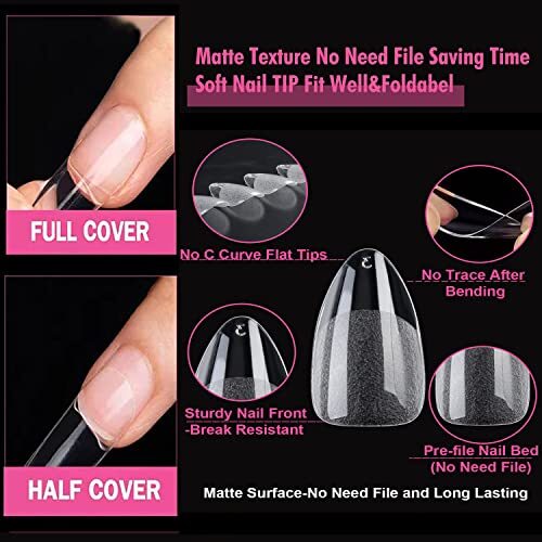Fake Nails 216pcs Pre-shape Gel Acrylic Nail Tips for Full Cover Short Almond