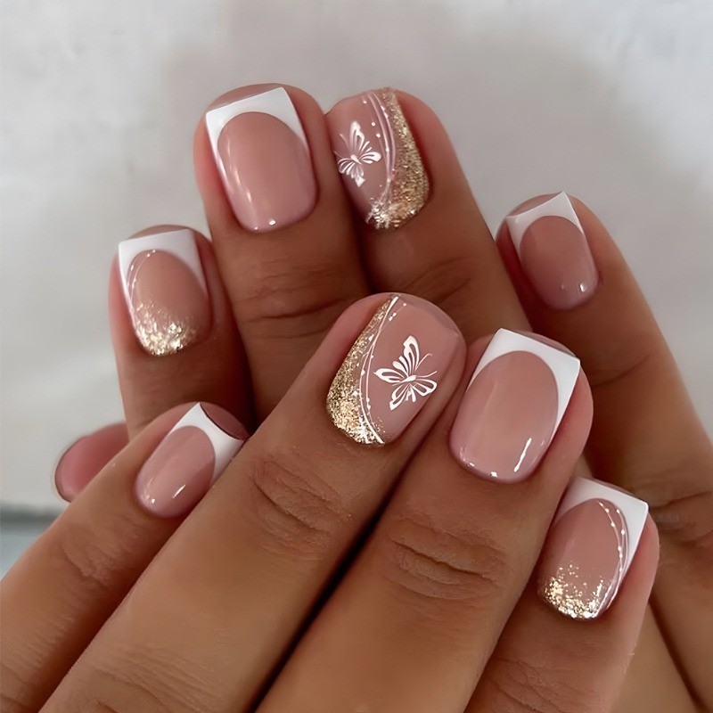 48pcs-Nude Pink Short Square Nails with French Tips, Butterfly &Gold Glitter Art