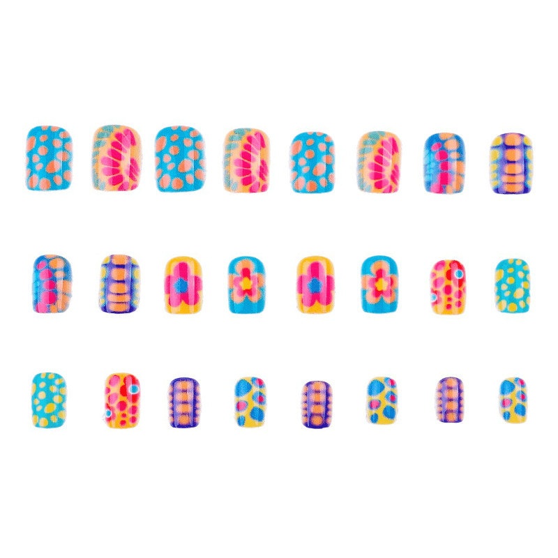 48P Short Square Press on Nails,Neon Colorful Floral Polka Dot Trendy Fake Nails