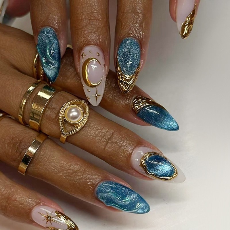 24Pcs False Nail Including Shimmering Cats Eye Design and Deep Sea Star Glamours