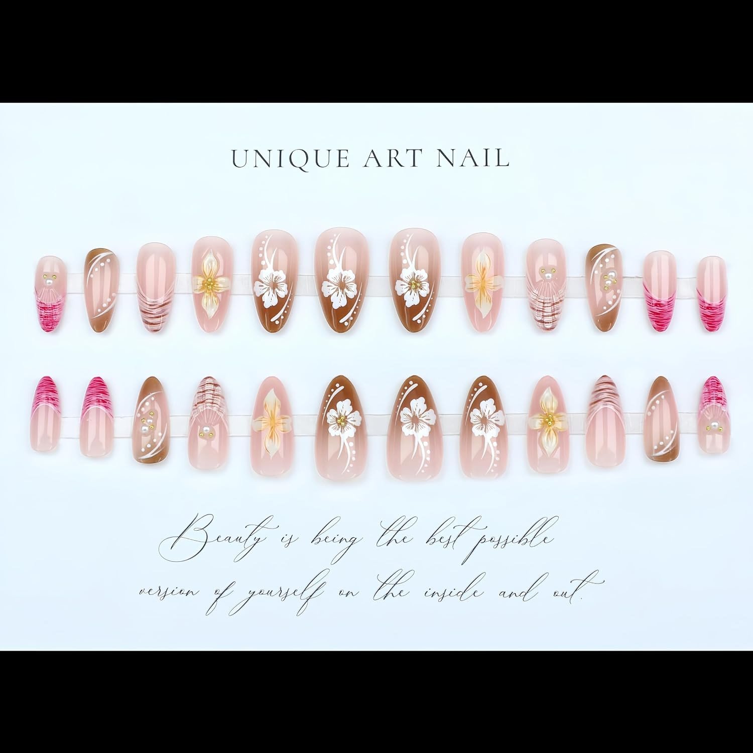 24Pcs Flower Press on Nails Medium Almond Fake Nails with 3D Flower Gold Beads P