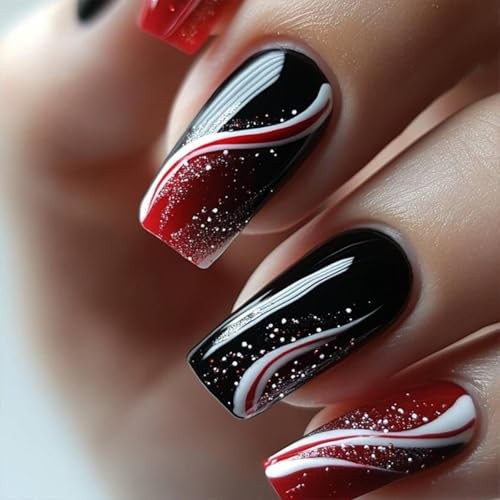 Coffin Press on Nails Medium Length Fake Nails Black Red Gradient Style 21