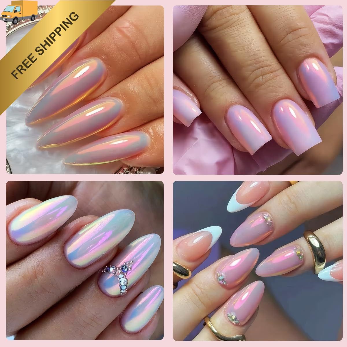 Holographic Unicorn Chrome Nail Powder, Aurora Rainbow Neon Pigment Pink