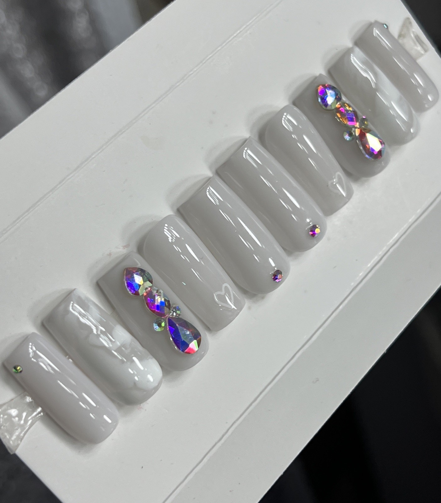 🔥 CUSTOM Gel Press On Nails, MILKY WHITE HEART W BLING 10p FULL SET W Kit