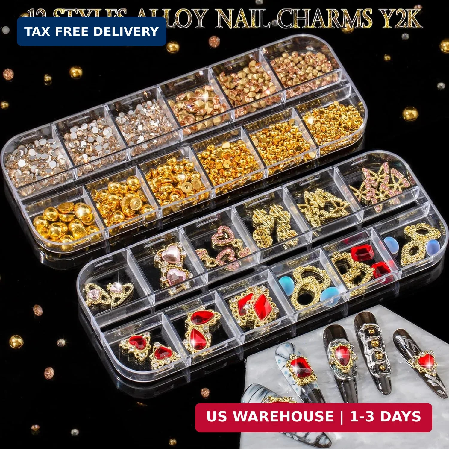 Variety Gold Nail Charms: 48 Styles Gorgeous 3D Metal Nail Gems Rhinestones for