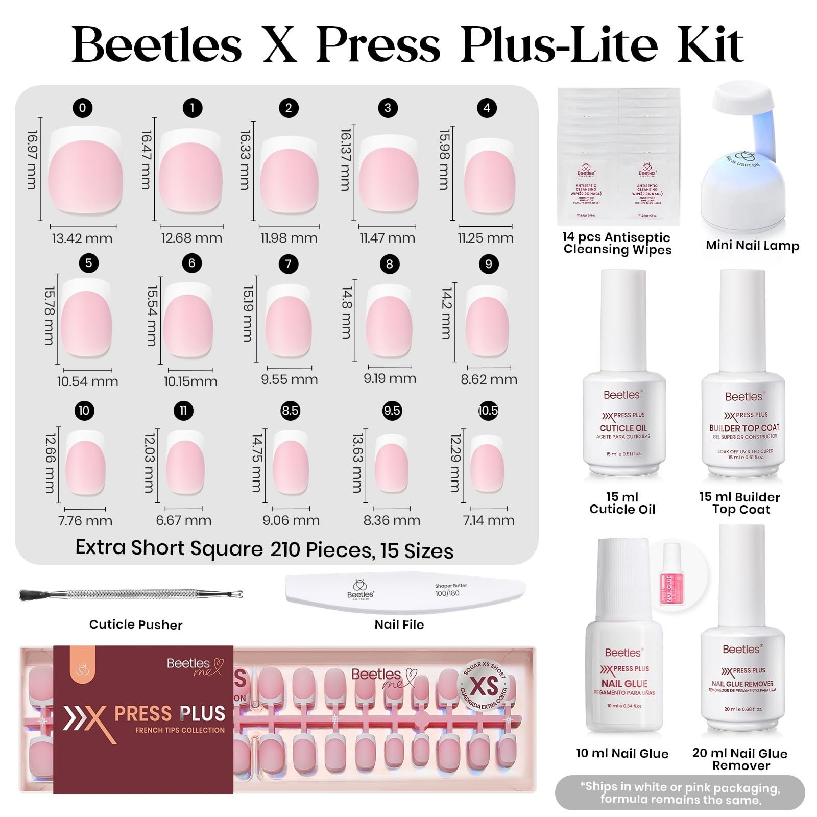 Extra Short Square French Tip Press-On Nail Kit – 210 Pcs, 15 Sizes, Glue & Lamp
