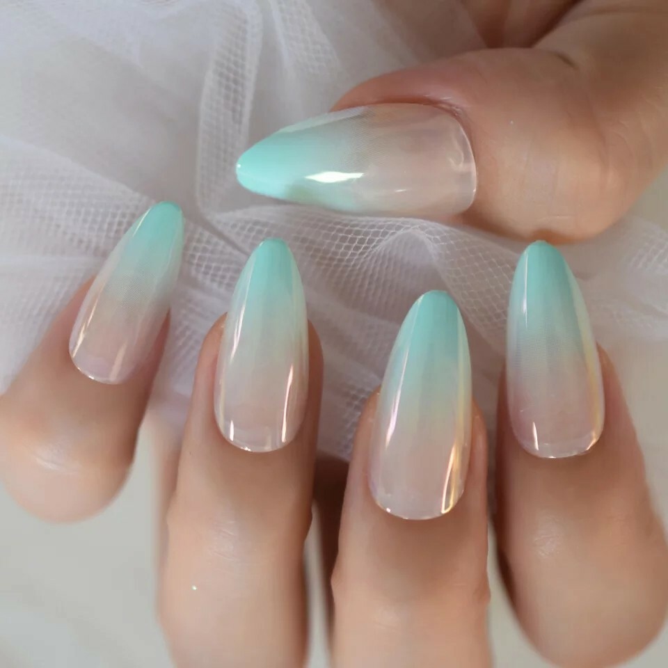 24 Ombre Mint Green Press On Nails w/ Glue Nude pointed almond stiletto ethereal