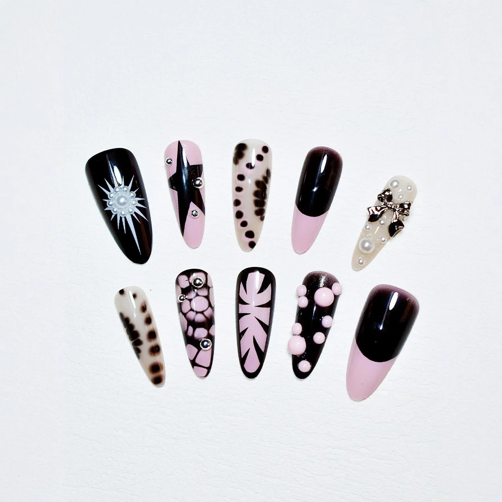 10Pcs Pink Black Leopard Gothic Punk Handmade Press On Nails