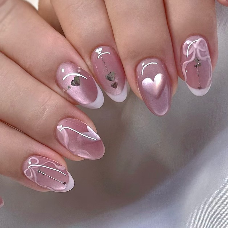 24Pcs Blue Almond Press on Nails 3D Pearl Mid-length Oval Bow False Nail Tips