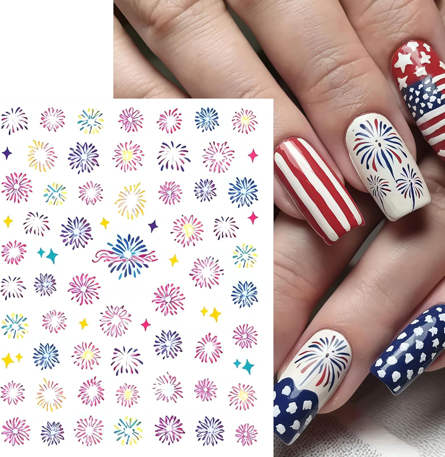 8 Sheets 4Th of July Colorful Fireworks Nail Stickers 3D Self-Adhesive Nail Deca