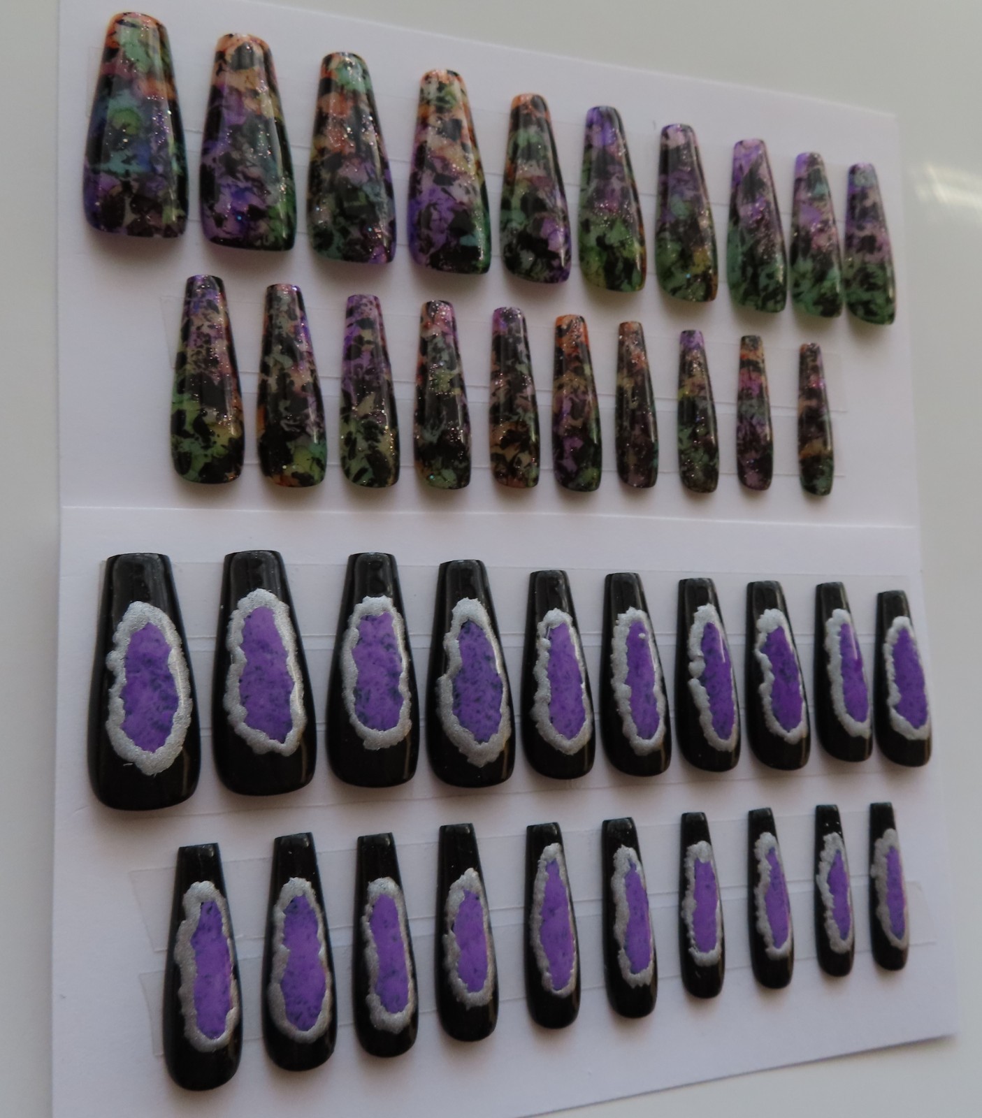 (2) Set Purple Black Silver Oval Chrome | Purple Green Ink Coffin Press-On Nail
