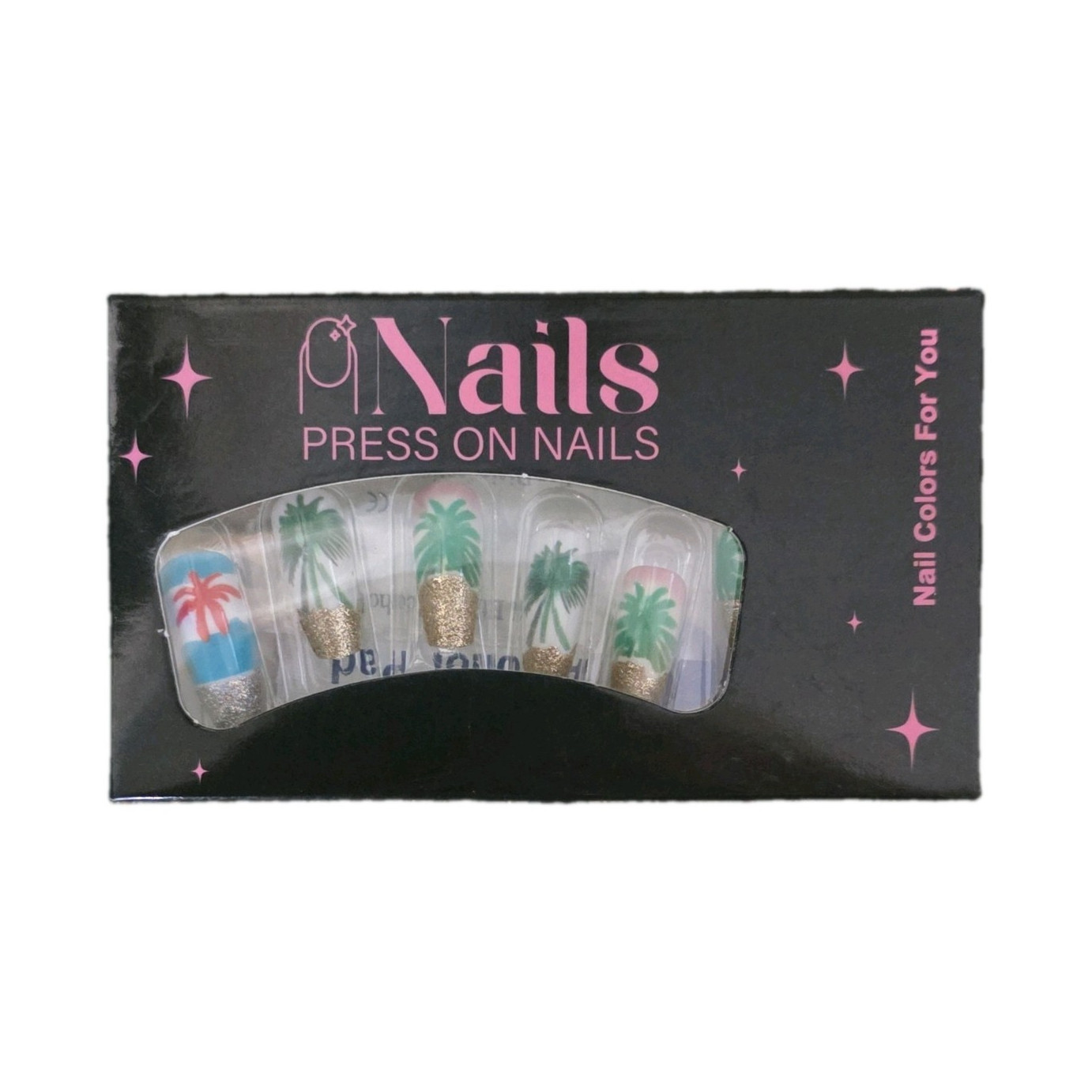 Press-On Nails Multicolor Tropical Palm Tree Glitter Tip Pre-Designed Set