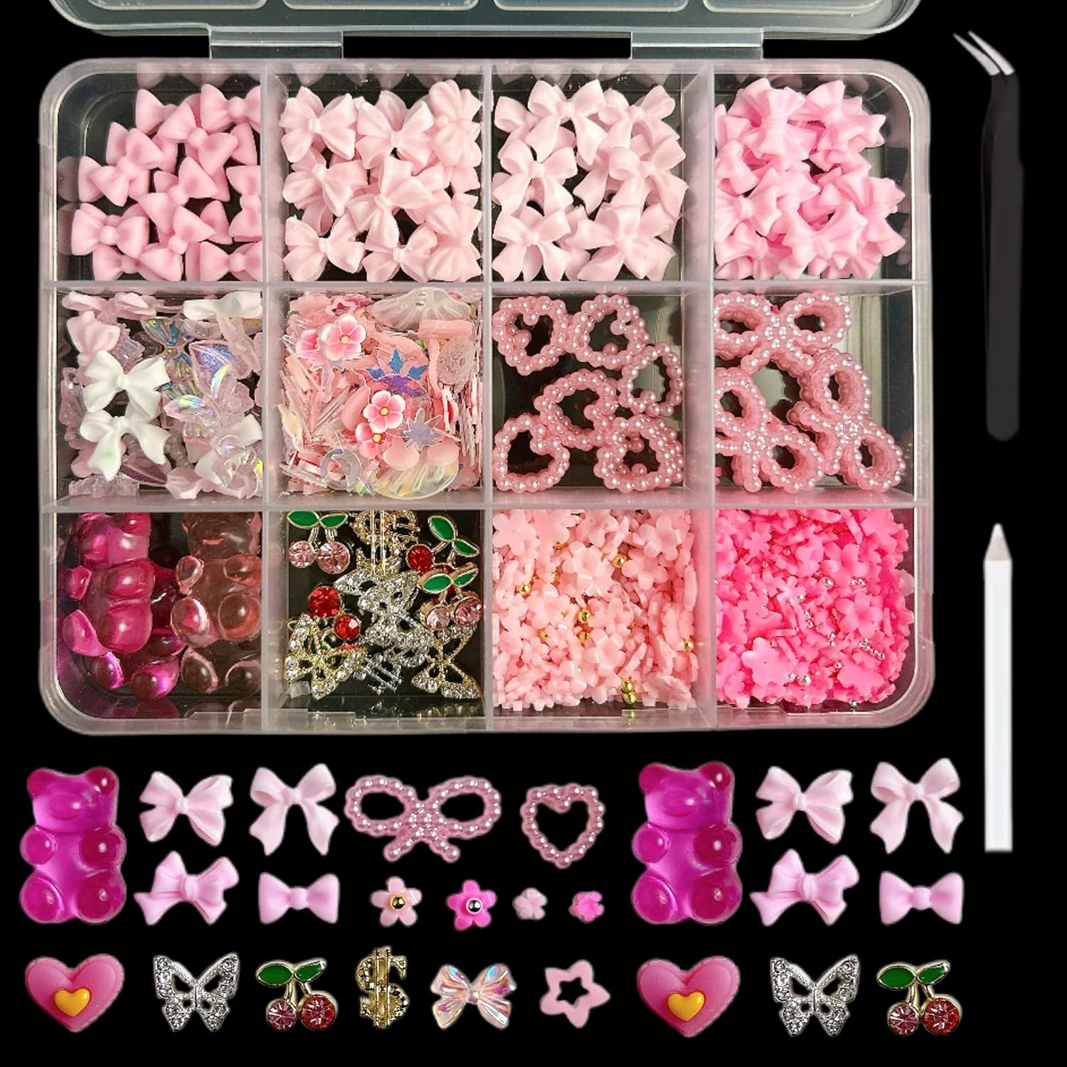 Gummy Candy Bear Valentines Nail Charms, Cute Pink Flower Bow 3D Nail Charms for