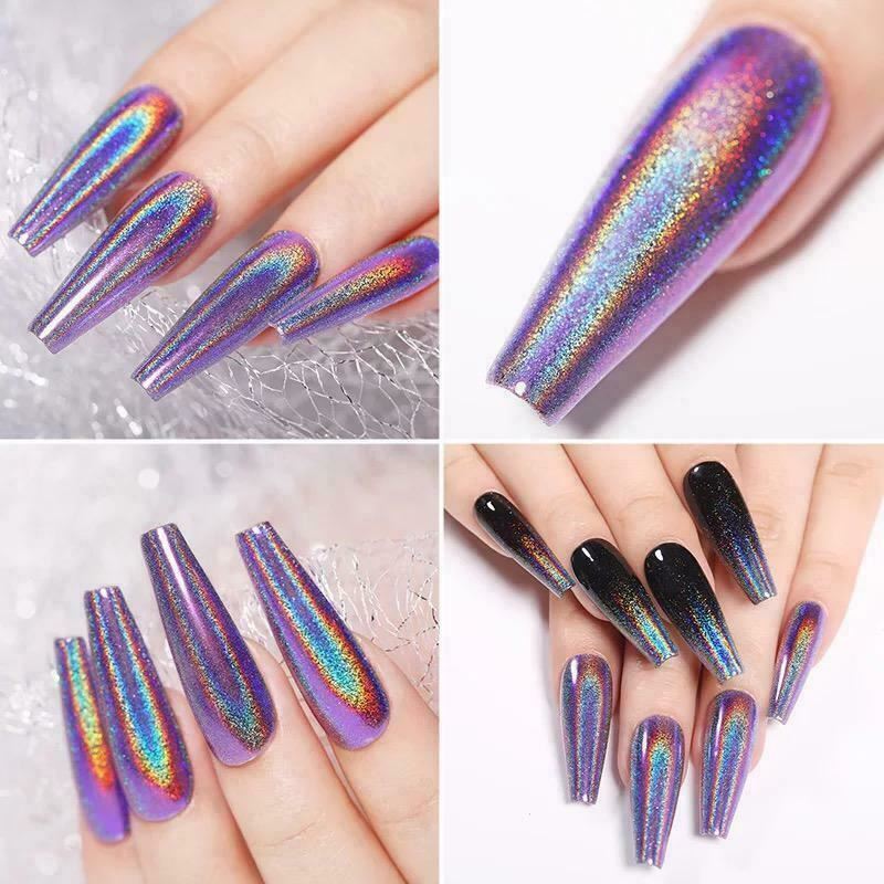 Holographic Nail Powder With Applicator Chrome Shimmer Mirror Glitter Pigment