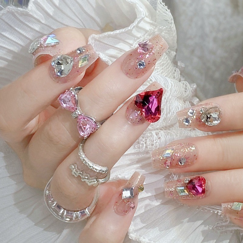 48pcs-Luxury Bling Press on Nails with 3D Heart Crystals and Glitter Overlay