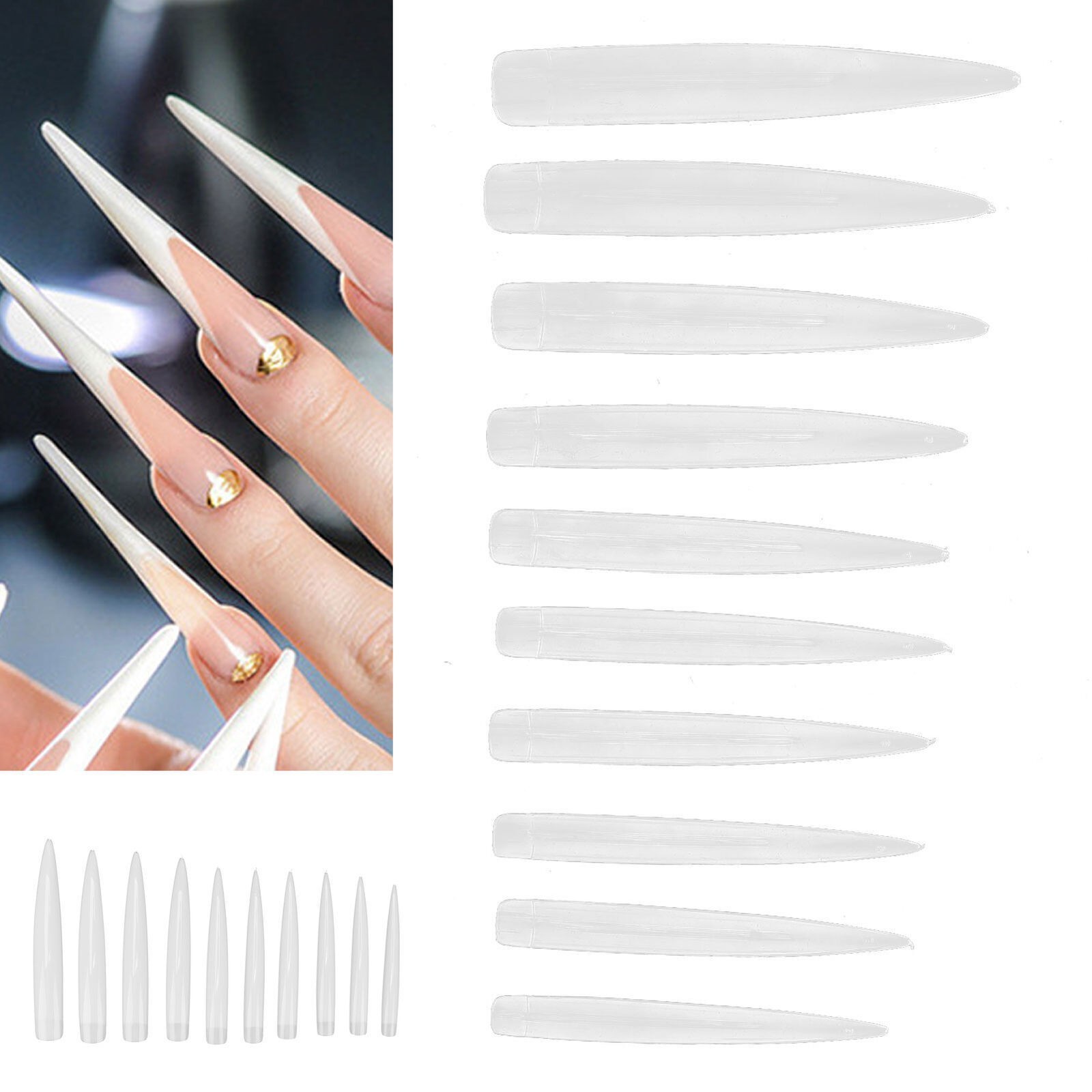 10pcs Professional Long Pointed Nail Tip Home Salon Fake False Nail Set Manicure