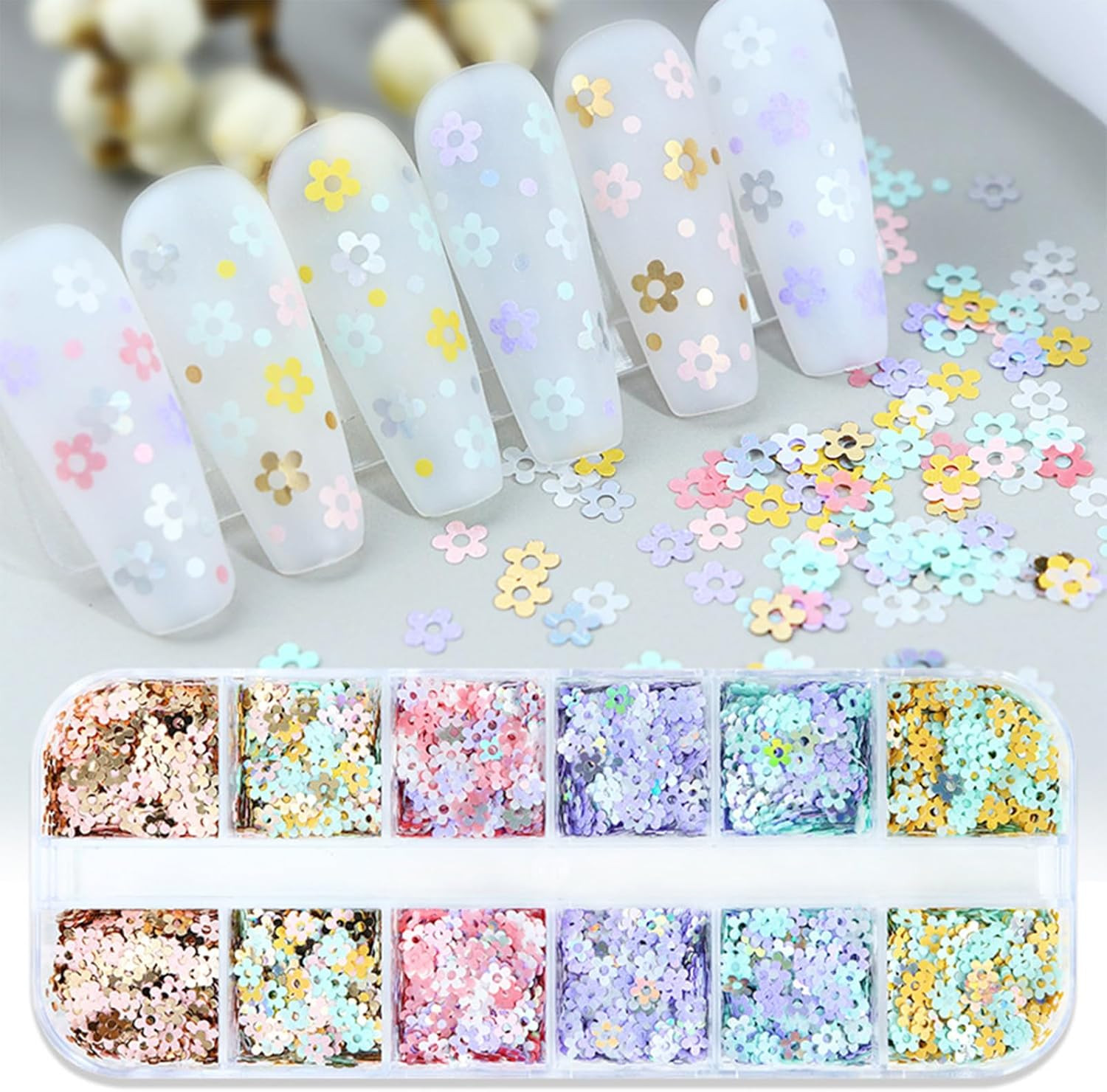 12 Grids Flower Nail Art Glitter Sequins, 3D Holographic Floral Nail Flakes…