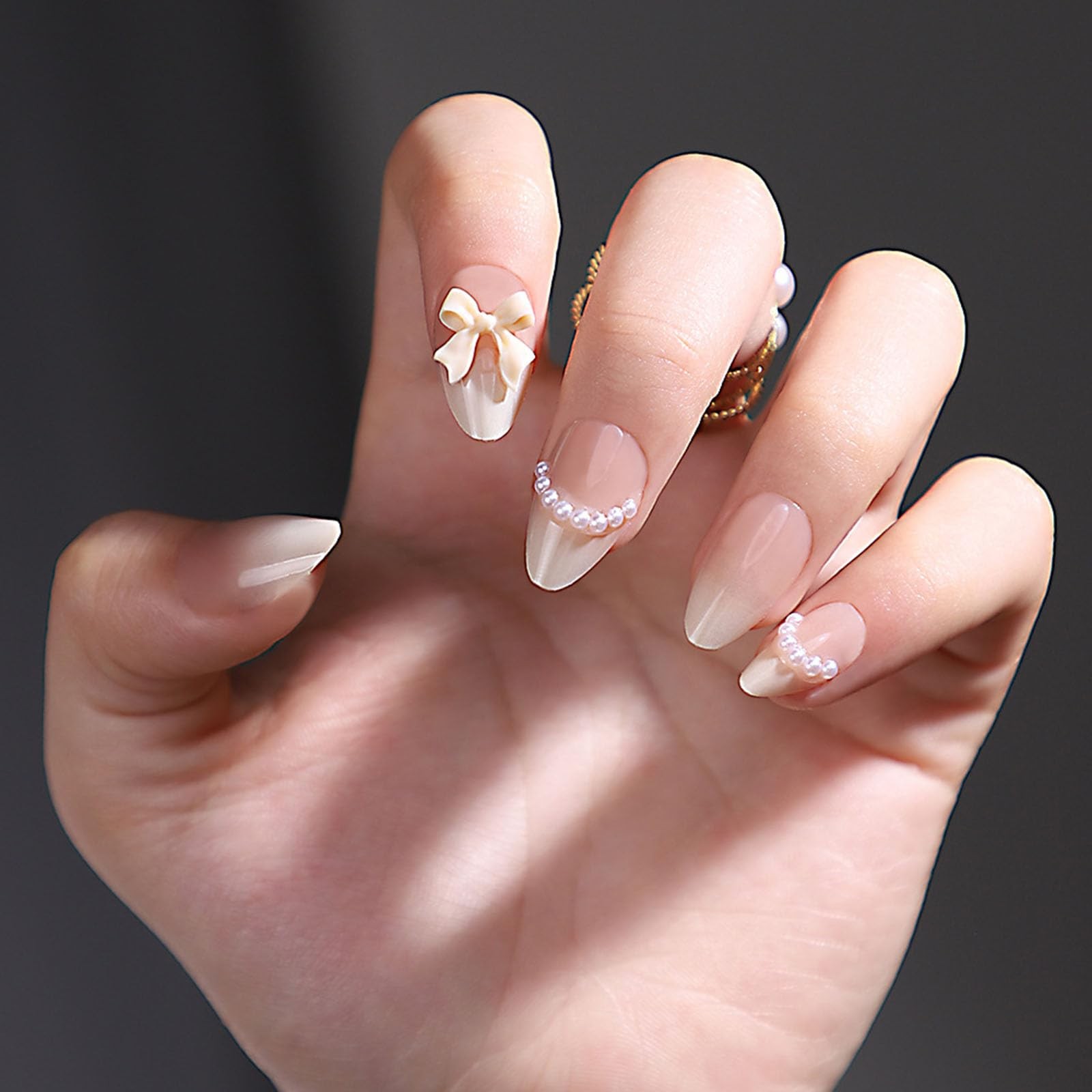 Ombre Almond Press on Nails Short Fake Nails wiht Bow Pearls Charm Designs Nu…