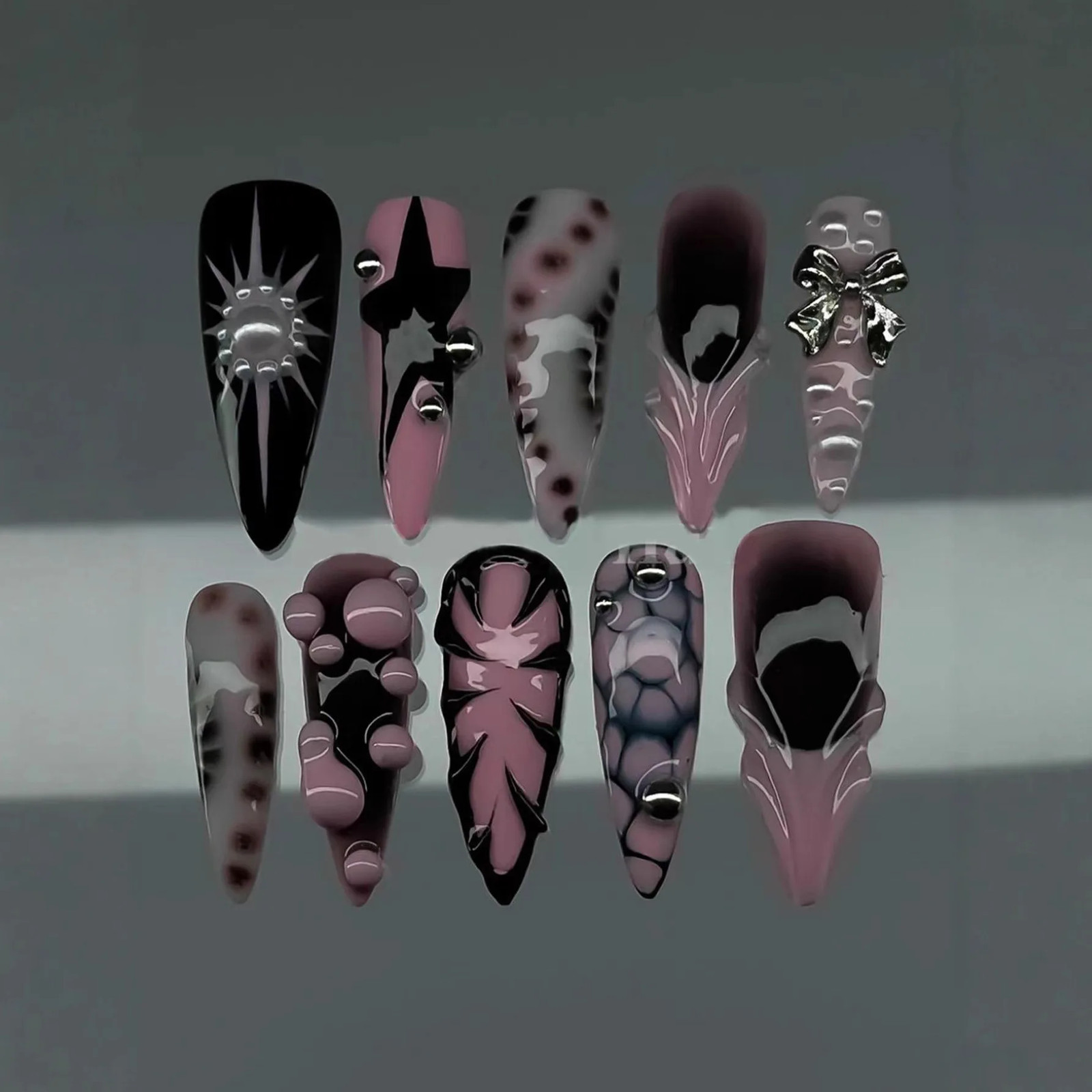 10Pcs Pink Black Leopard Gothic Punk Handmade Press On Nails