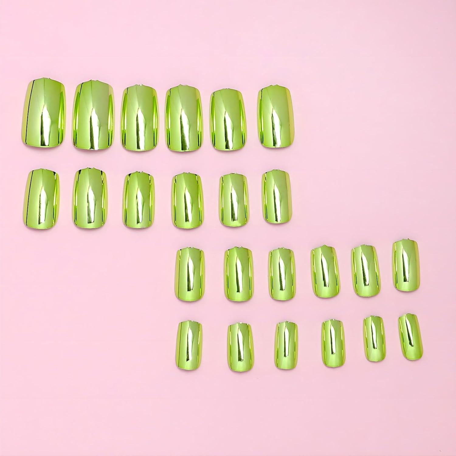Green Chrome Press On Nails Short Square, 24pcs Normal, Square
