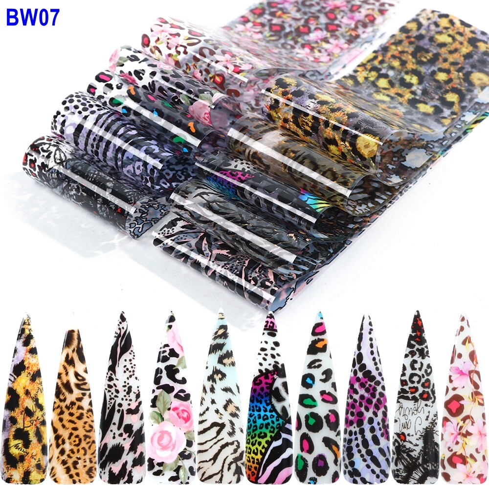 Laser Leopard Print Animal Flowers Nail Foil Transfer Sticker 10pcs 20X4cm