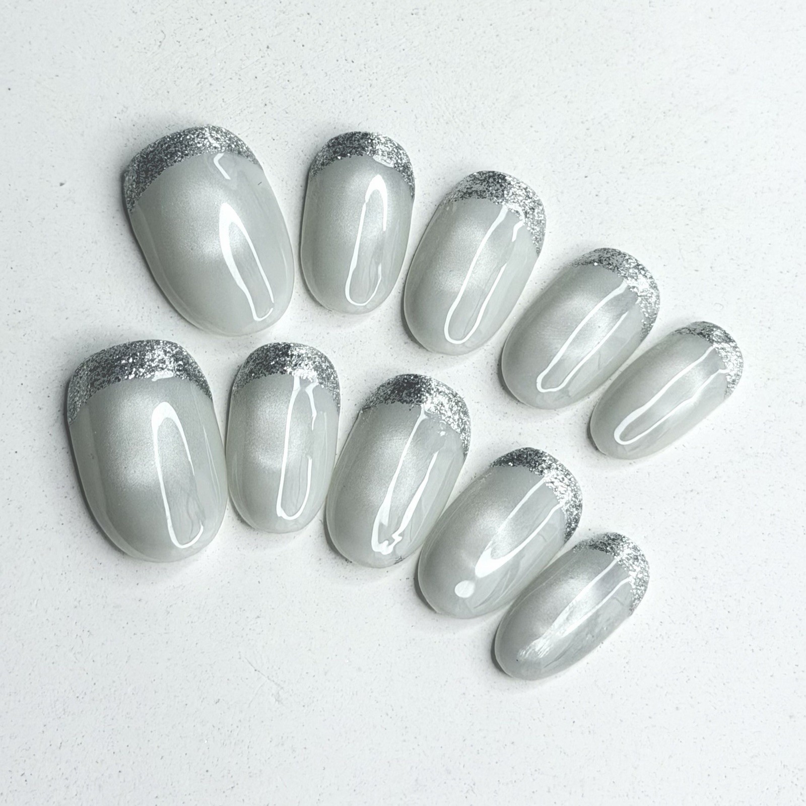 Handmade Reverse French Tip Press-On Nails Silver Glitter Edge Reusable Size M
